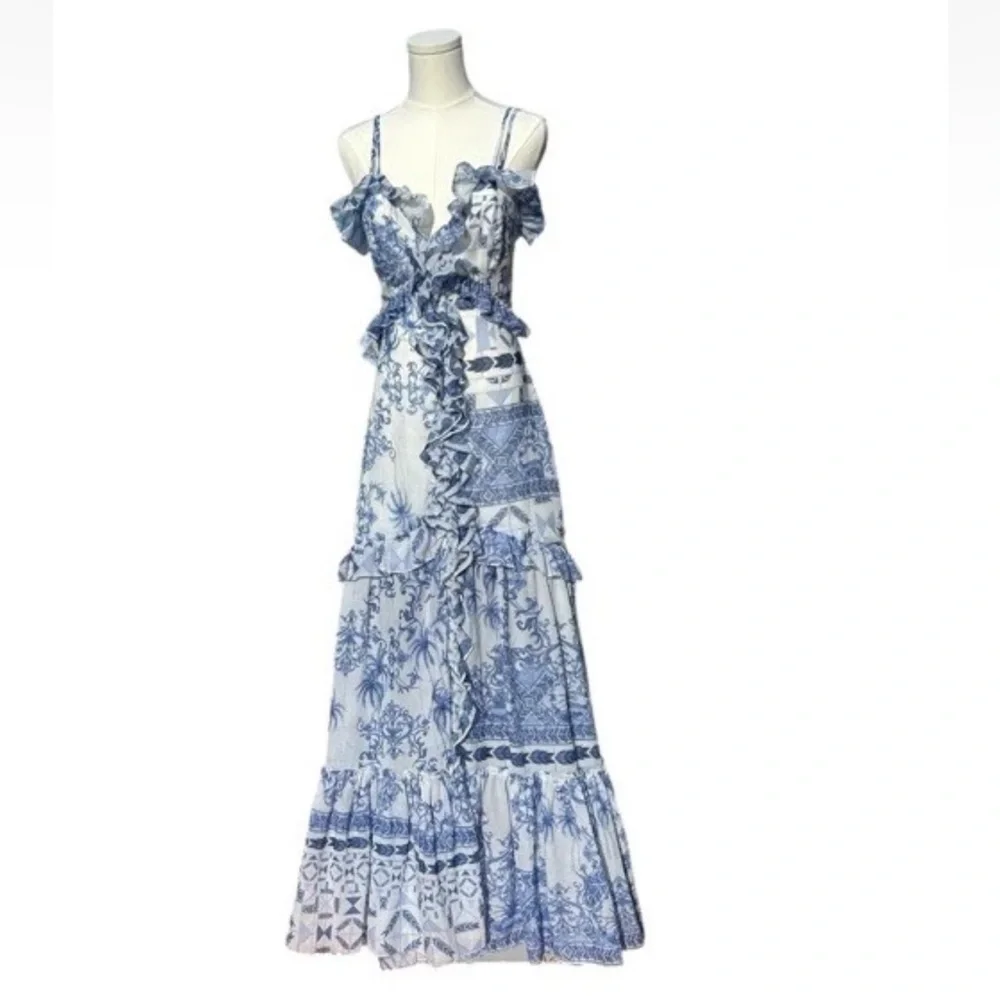 PatBO Amalfi Convertible White/Blue Printed Ruffle Chiffon Maxi Dress Size XS